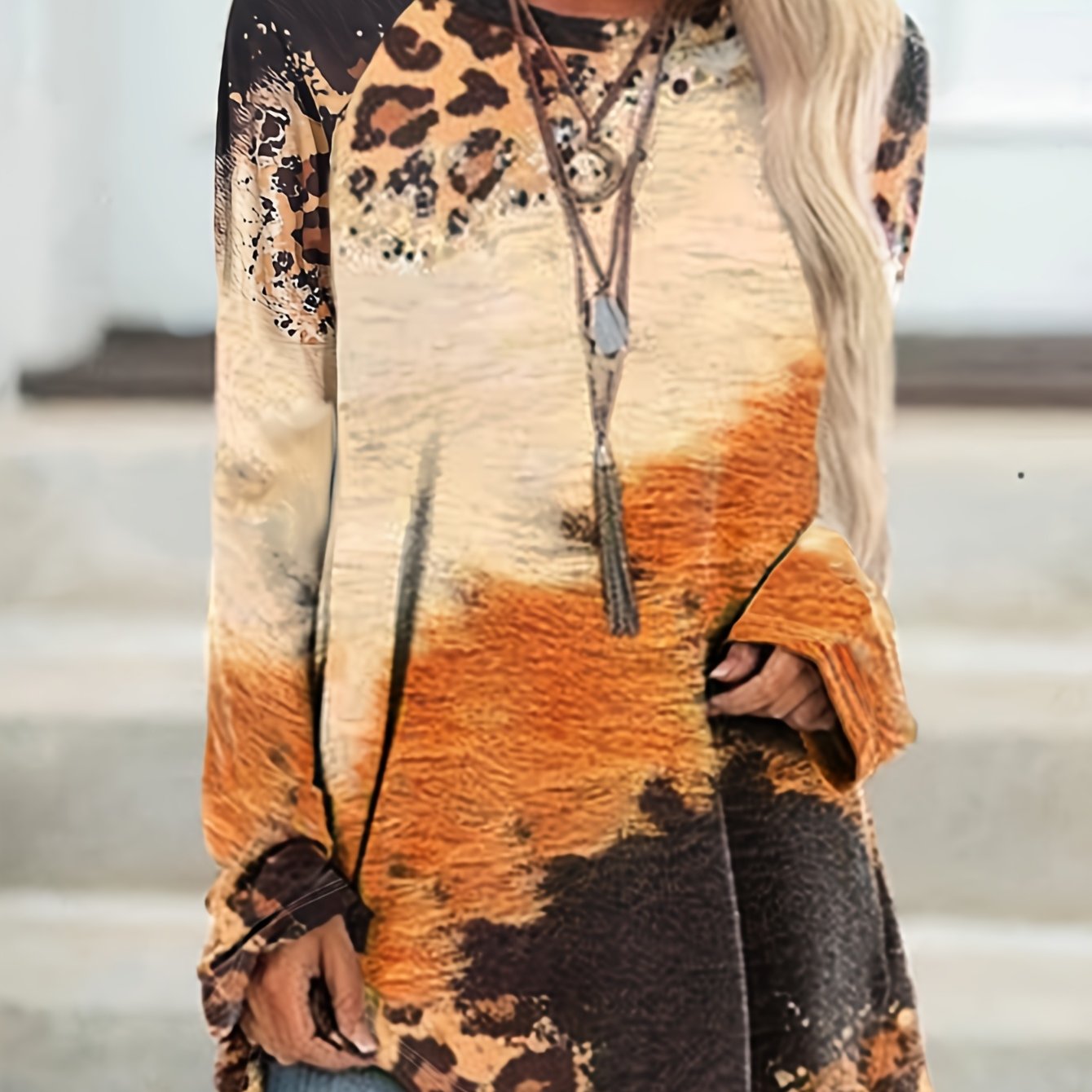 TEMU Women's Leopard Print Long Sleeve T-shirt - Autumn Winter Top With Relaxed Fit, Machine Washable For Home, Office &