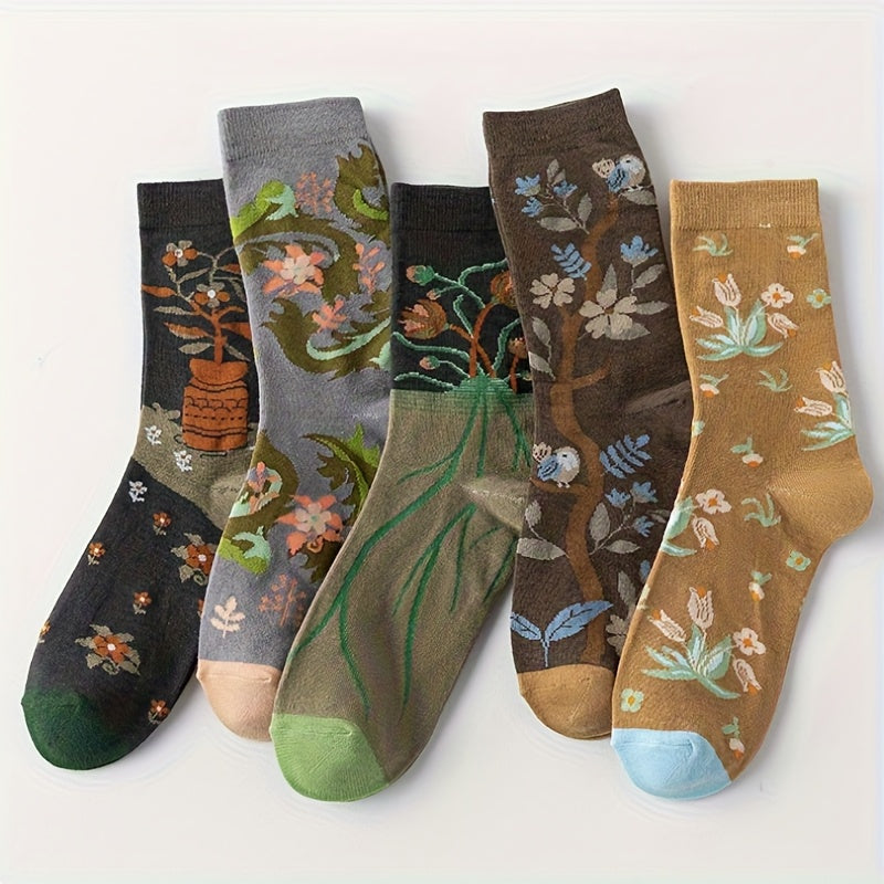 TEMU 5 Pairs Of Retro Floral Mid-calf Socks, Stylish And Elegant Women's Socks For Casual Attire