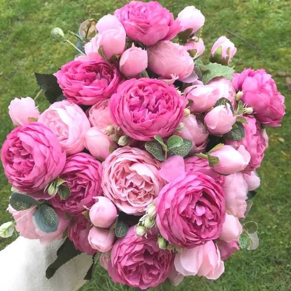Silk Rose Peony Artificial Flowers Exquisite Wedding Bridal Party Bouquets Home Vase Accessories Fake Christmas Decorations Y240801