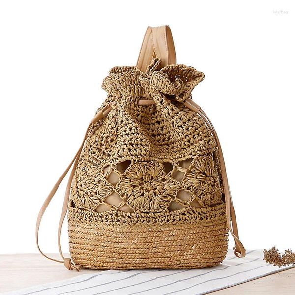 Evening Bags Handmade Womens Backpack Summer Straw Beach Bag Woven Hollow Drawstring Shoulder Bohemian Knitted Fashion Female Backpacks