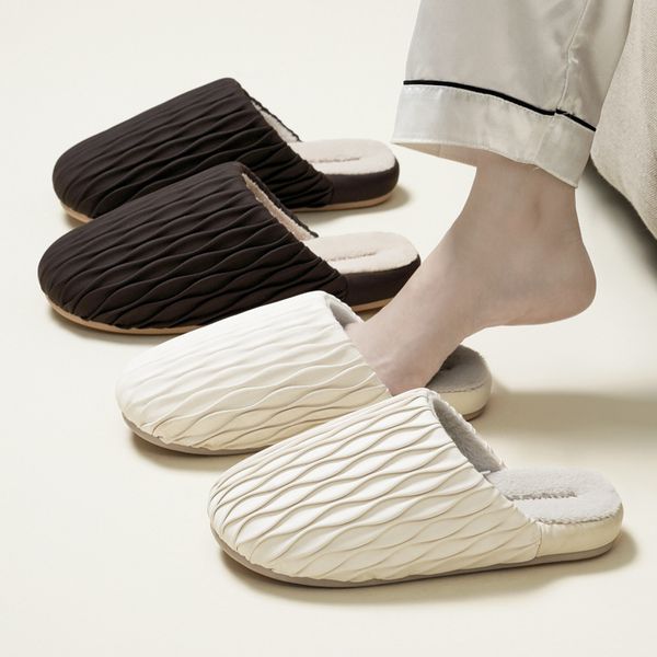 Minimalist Pleated Cotton Slippers for Autumn-Winter: Waterproof, Plush, Indoor Comfort dh5727163