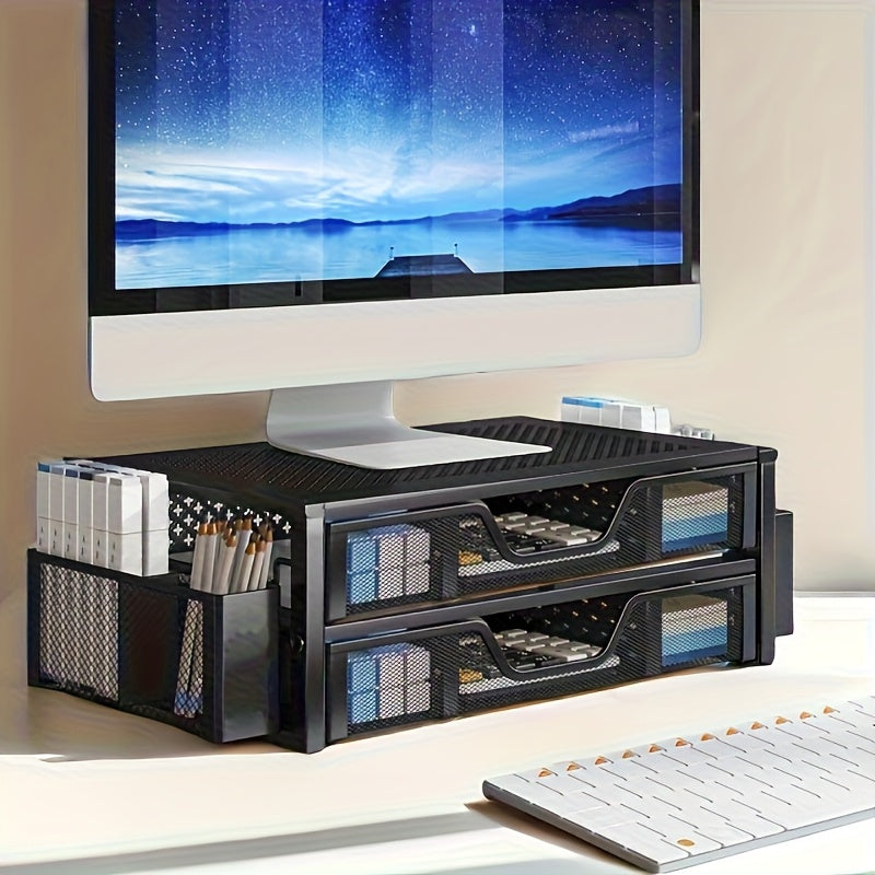 TEMU 2-tier Metal Monitor Riser With Storage - Sleek Desk Organizer Featuring Drawer & Pen Holder, Laptops And Computers, No Power Needed, Monitor