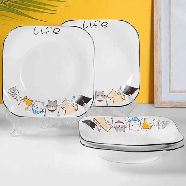 Ceramic Dinner Plates Household Plate Cute Cat Pattern Tableware Cartoon Dishes Breakfast Dessert Cake Tray Utensils Dinnerware X250129