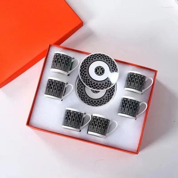 Ceramic Espresso Coffee Cups Saucers (6 Pcs), Tea Cup Set With Handle For Office, Home, Gift Box