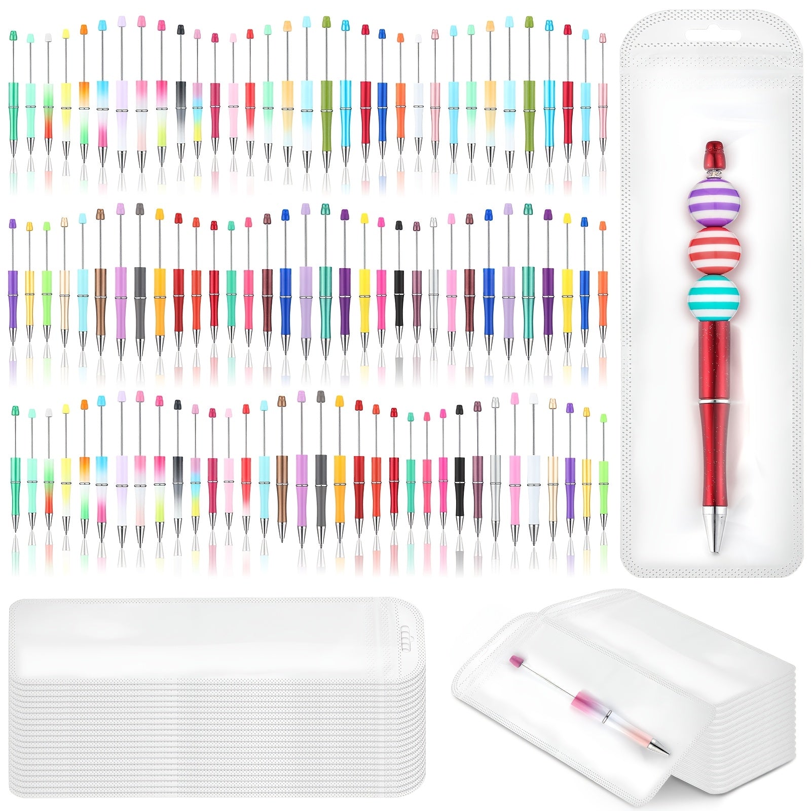 TEMU 300pcs Plastic Beadable Pens Bulk Beadable Pens Kit 100 Ballpoint Pen Shaft Black Ink Beaded Pens With 100 Refills 100 Pen Packaging Bags For