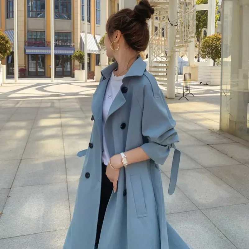 2024 Fashion Women Trench Coat Beige Blue Long Double-Breasted With Belt Spring Autumn Lady Coat Female Korean Loose OuterwearX240921
