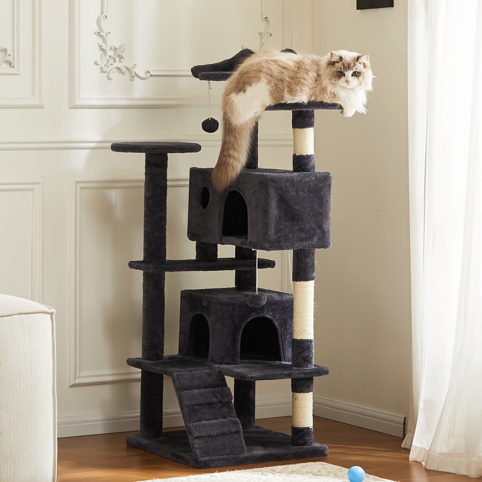 TEMU 54in Cat Tree Tower, Multi-level Plush Pet Furniture With Sisal Cat Scratching Posts, Large Condo, Climbing Ladder, Platforms, Sturdy Plush Cat