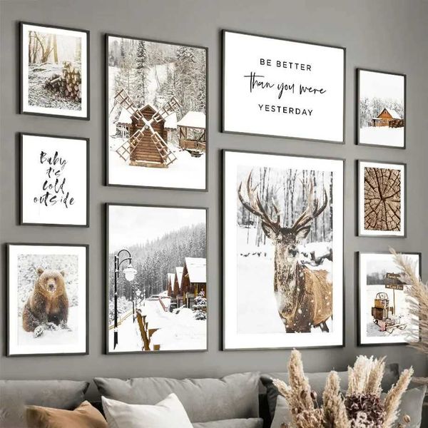 Wall art canvas painting winter snow house deer bear fox sled living room decoration poster printing mural pictures bedroom bar M241216