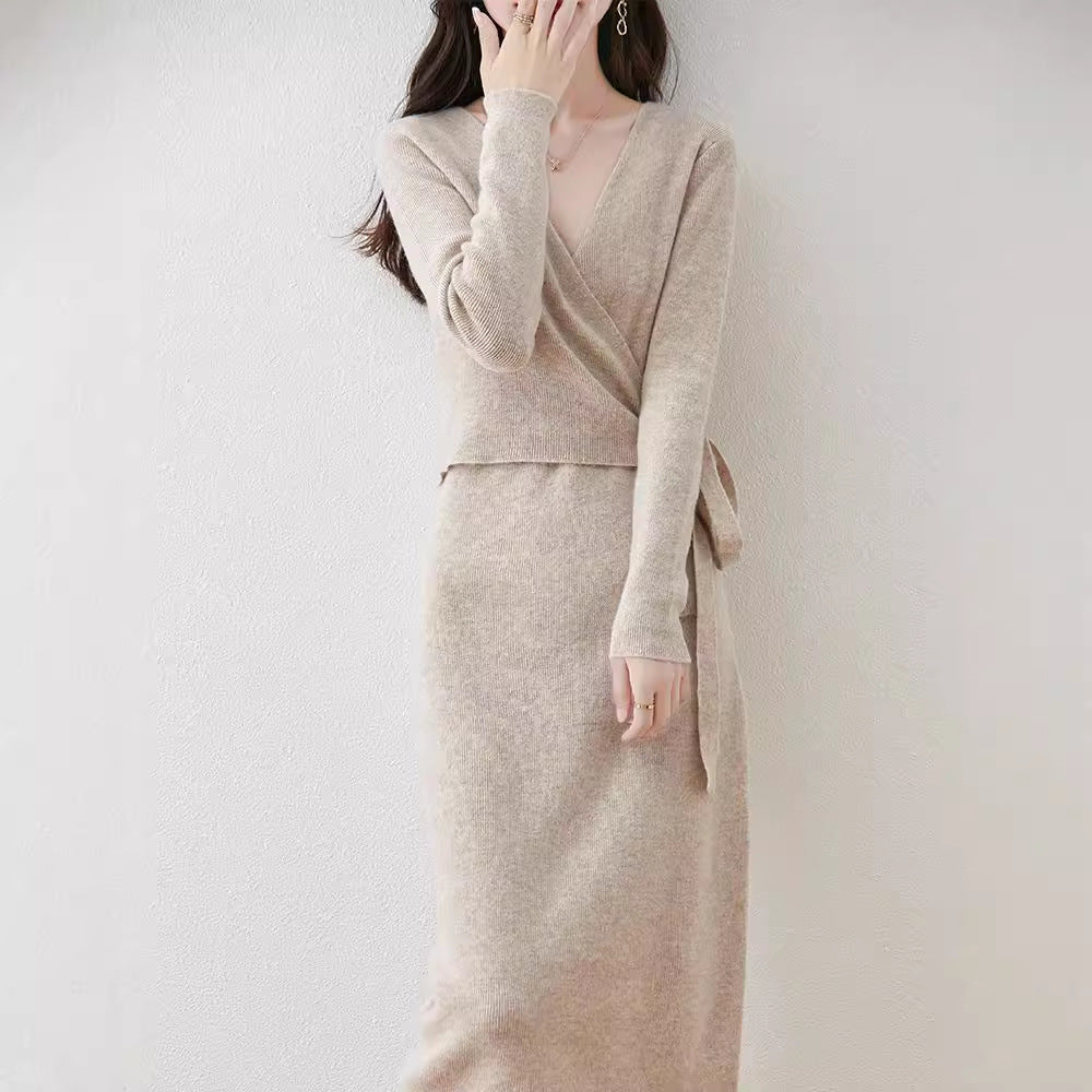 (431) Autumn and winter long wool dress for women, V-neck sweater dress with French long skirt, cashmere knitted belt