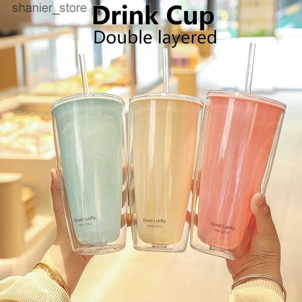 Mugs 750ml plastic straw cup double-layer with straw large capacity reusable water bottle used for drinking coffee cup juice milk cup L24091