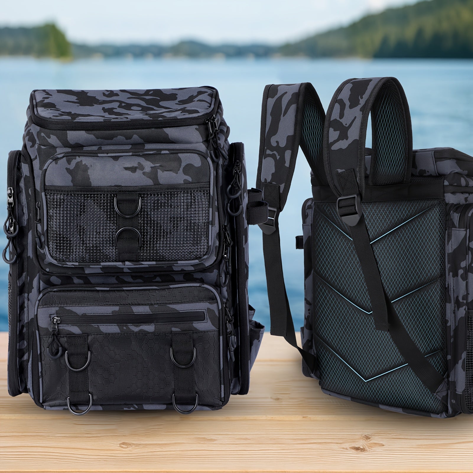 TEMU 42l Large Fishing Backpack With Rod Holders - Durable Polyester Tackle Bag, Multiple Compartments & Mesh Pockets For Secure Storage, Ideal For