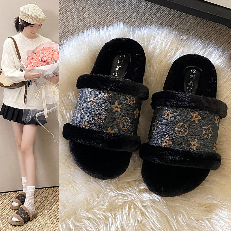 Designer Slippers Letter Wool Slippers Women&#039;s outerwear 2025 Autumn-Winter New Style Leather one-line Plush Home Cotton Slippers Free shipping