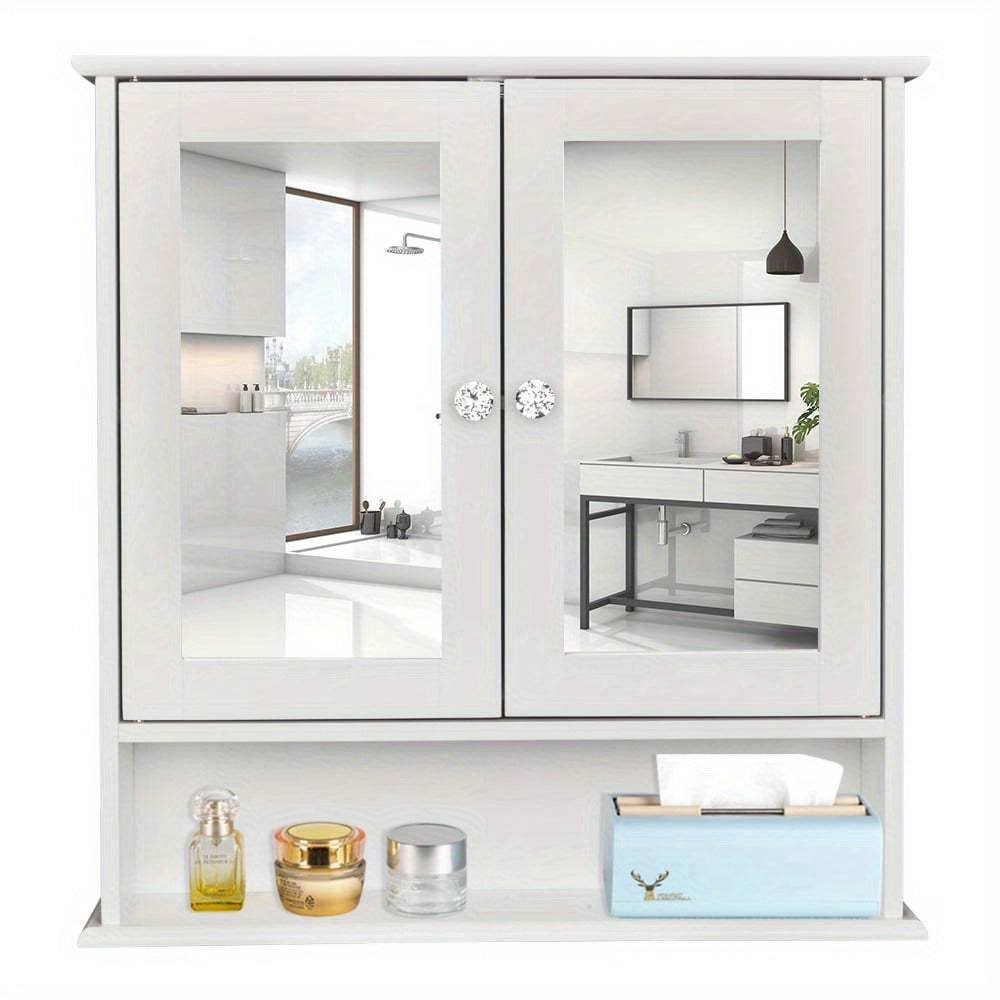 TEMU 1pc Mount Medicine Cabinet With Stainless , Rectangle Mirrored Doors, Adjustable Shelf - No Electricity Needed, White Bathroom Storage Cabinet