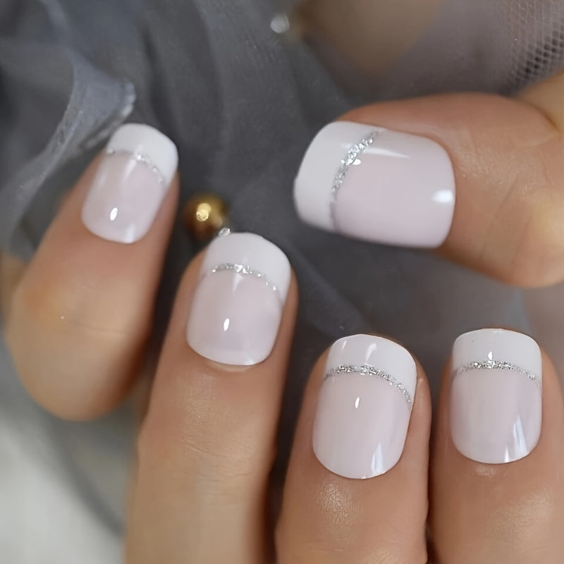 TEMU 24pcs-box Short Square And Round Light White French Edge With Silvery Lines Press-on False Nail Sheets