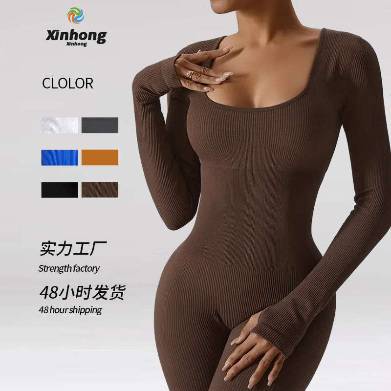 Women&#039;s One-Piece Long Yoga with Sleeves and Square Neck, Slim Fit Shaping Jumpsuit