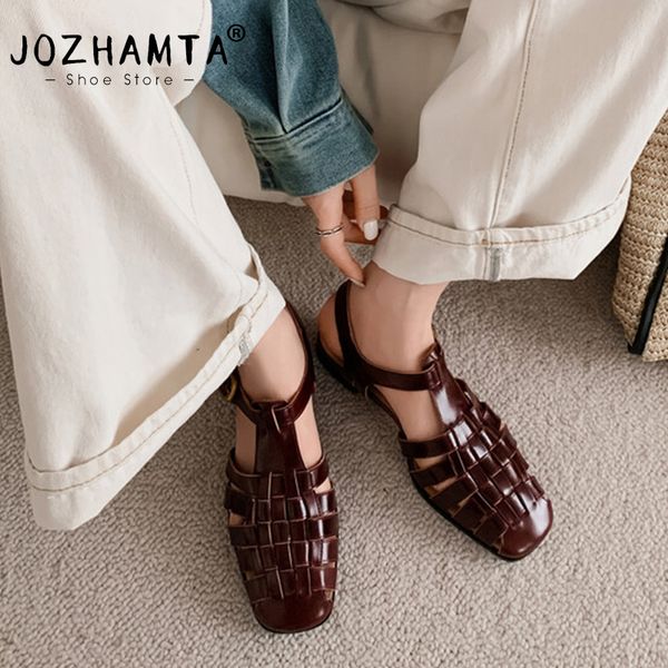 Size JOZHAMTA 34-40 Women Gladiator Flats Sandals Real Leather Woven T-Straps Thick Low Heels Summer Shoes Vintage Office Dress 26ef