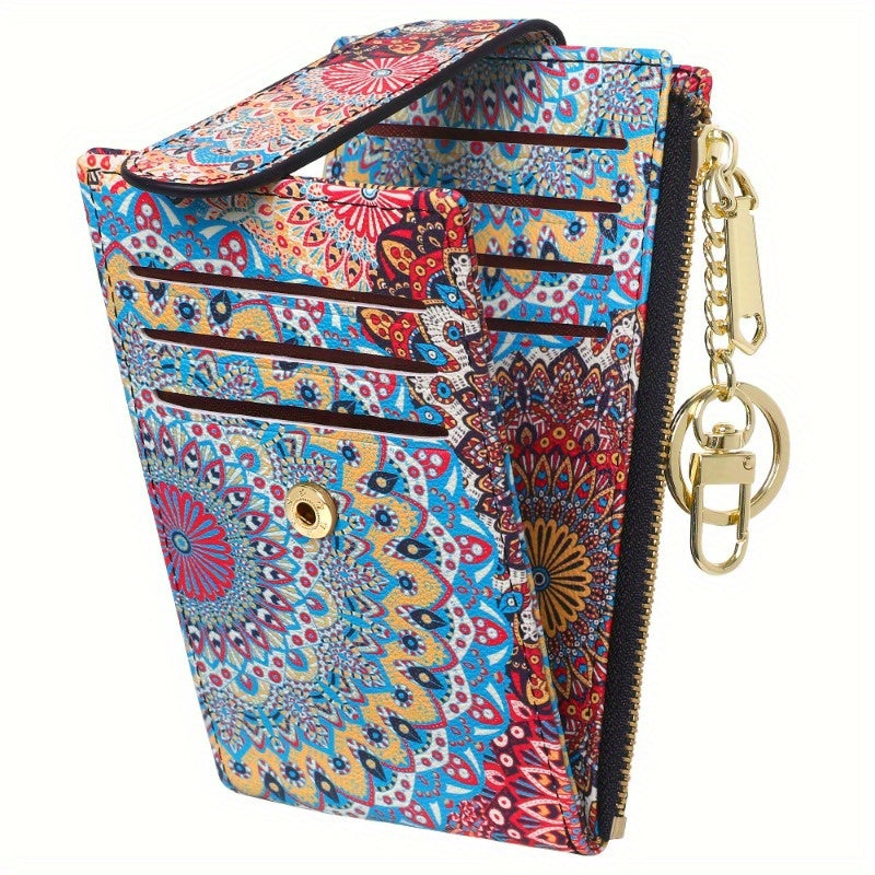 TEMU Slim Rfid Wallet For Women - Colorful Mandala Pattern, Multi-card Holder With Zipper Coin Purse & Secure Clasp - Lightweight, Foldable Design -