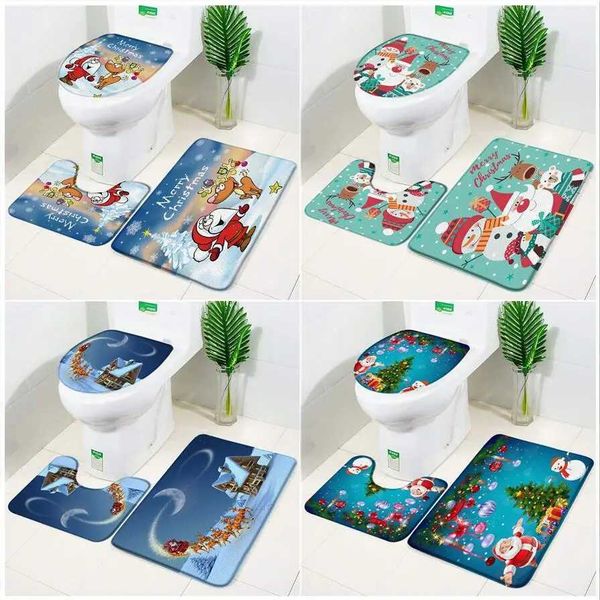 Cartoon Christmas Bath Mat Set Fun Snowman Santa Claus Elk Christmas Tree Ball Childrens Home Bathroom Decoration Floor Carpet Toilet Cover