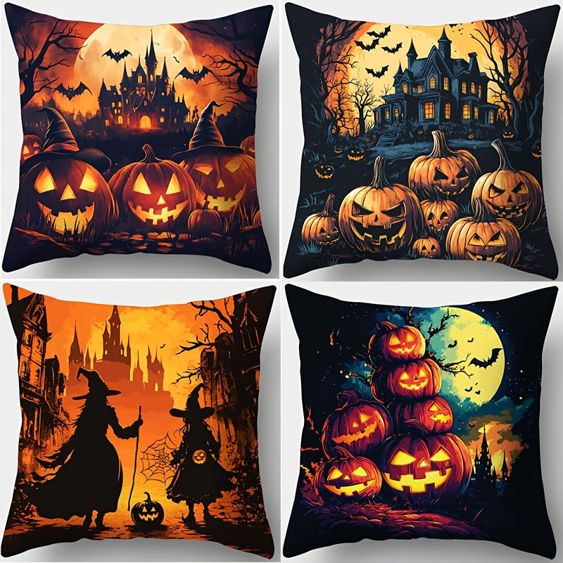 TEMU 4pcs Halloween Throw Pillow Covers - Spooky Castle, Pumpkin & , 17.72x17.72 Inch Square Decorative Pillowcases With Zipper Closure, Machine