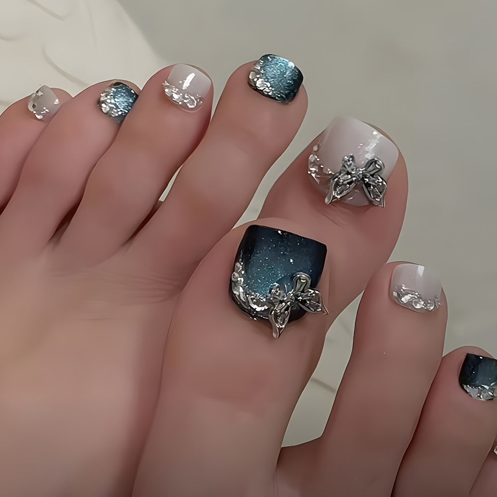 TEMU 24pcs Glossy Fake Toe Nails Blue False Nails With Reusable Fake Nails For Women, Halloween, Thanksgiving, Valentine's Day, , Graduation,