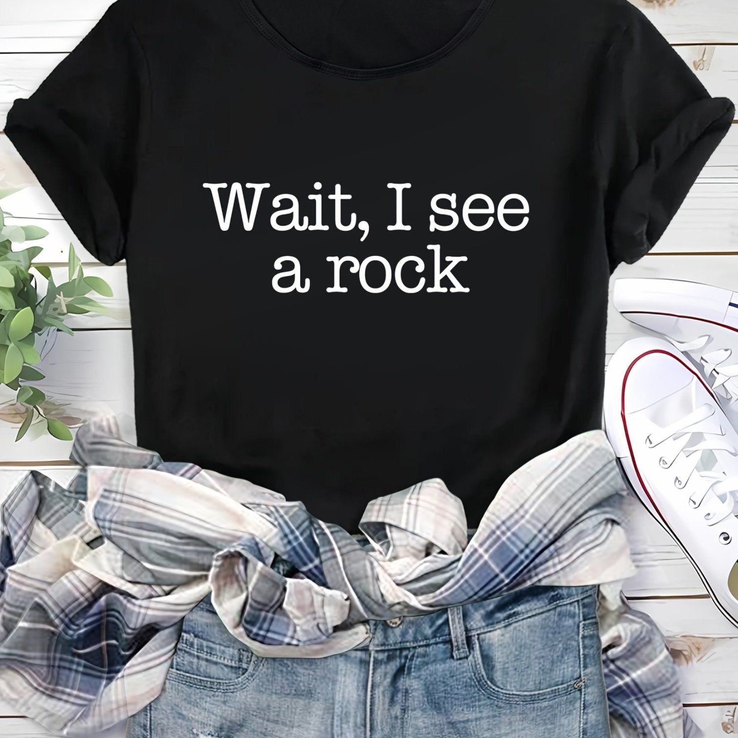 TEMU Humorous "wait, A Rock" Summer Tee - Black Casual Round Neck T-shirt With White Lettering, Machine Washable, Non-transparent, Casual Attire,
