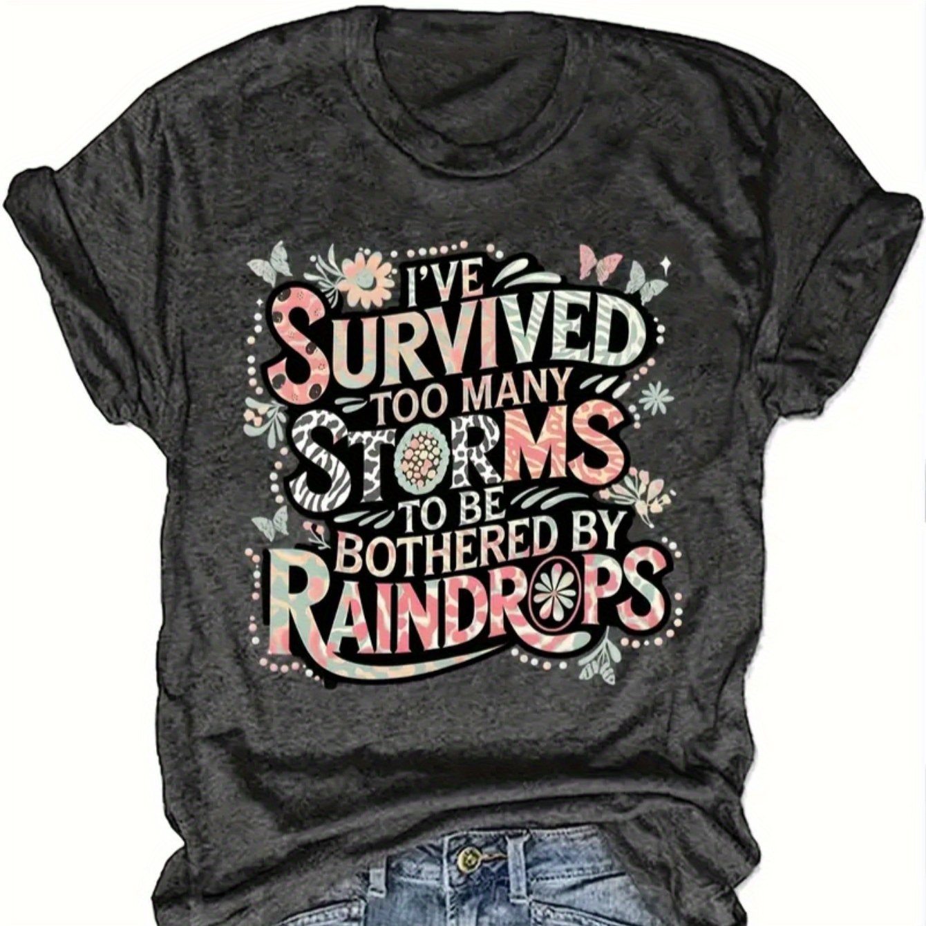 TEMU Crew Neck T-shirt - Fashionable Womens Floral Alphabet Pattern Graphic Print T-shirt - Casual Short Sleeve Crew Neck Top - Lightweight &