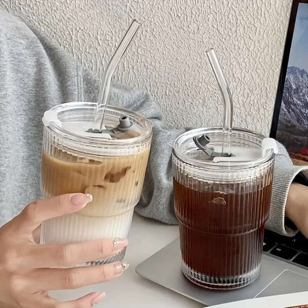 1-2PCS 450ml Stripe Transparent Glasses with Lid and Straw Ice Coffee Mug Tea Juice Glass Milk Water Cup Drinkware