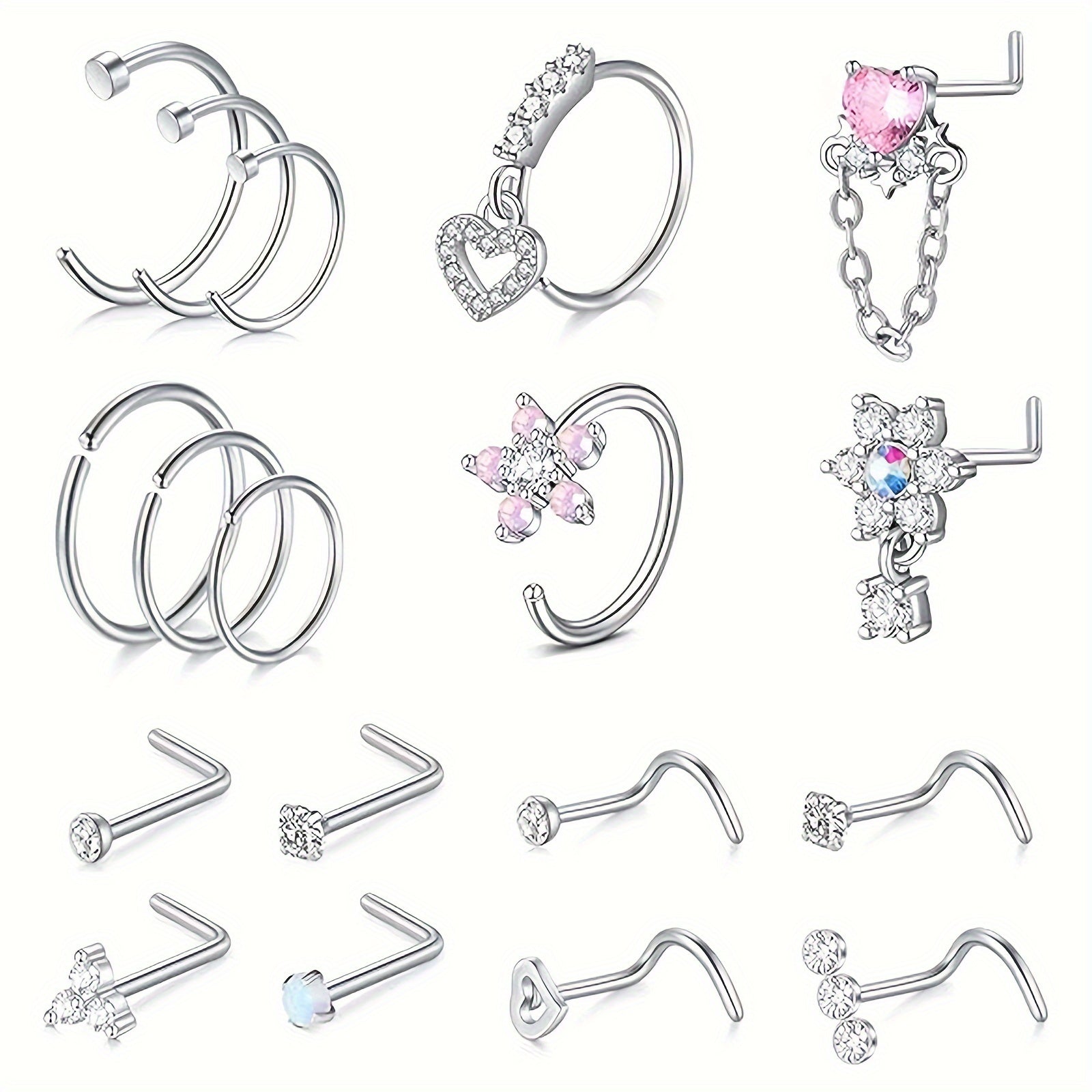 TEMU 18pcs Nose Rings 18g Nose Ring Surgical Steel Nose Studs Hoops Nose Piercings Jewelry