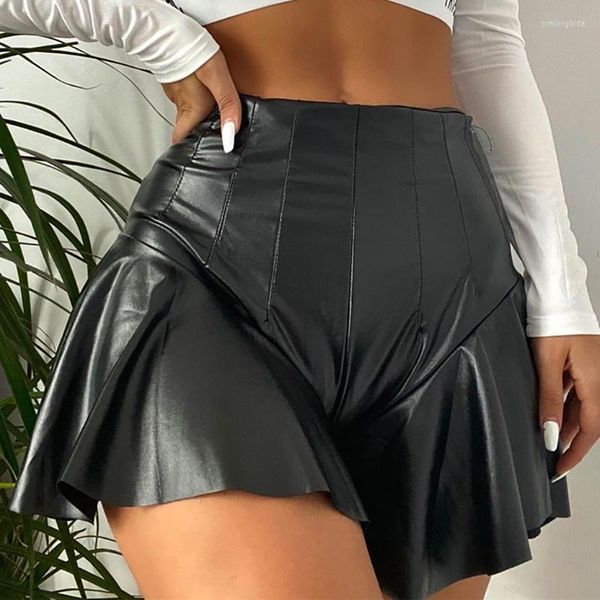 Women&#039;s Panties Women Faux Leather Mini Pants A-line Ruffle Zipper Black Skirts Shorts High Waist Exotic Party Latex Clubwear Nightwear
