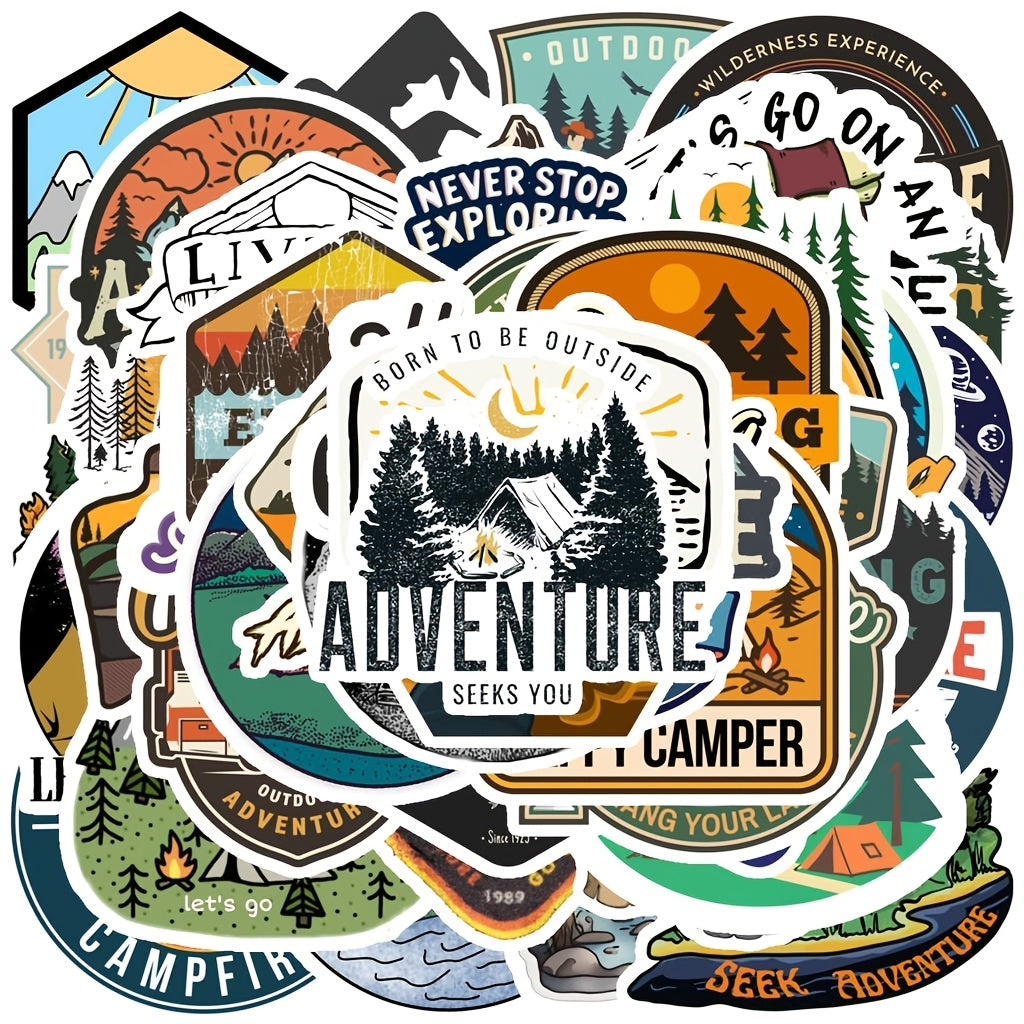 TEMU 54pcs Camping Adventure Stickers - High Quality Pvc Decals With (mountains, Pine Trees, Campfire) For Phones, Laptops, Journals - Tear-off,