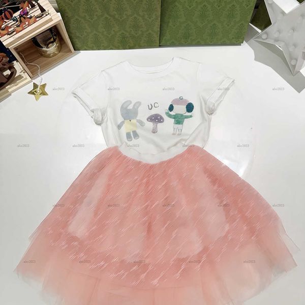 Classics girls dress summer Embroidery logo baby overskirt kids designer clothes Cutout grid round neck T-shirt and lace skirt