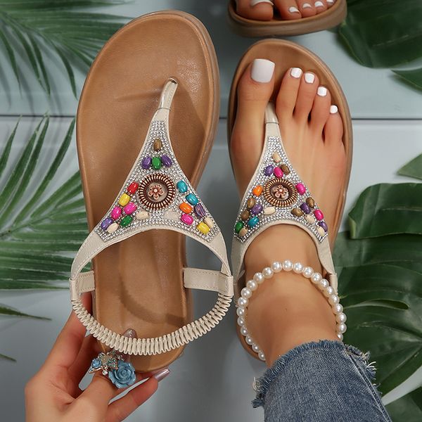 Style Bohemian Retro Women 2024 Summer Clip Toe Flat Gladiator Sandals Woman Fashion Beaded Non Slip Outdoor Flip ps 6479