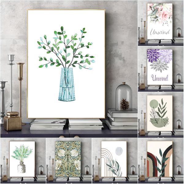 3 pieces Wooden Framed Canvas Poster minimalism art, geometric lines leaves, abstract plants boho art, Creative Waterproof Canvas Posters