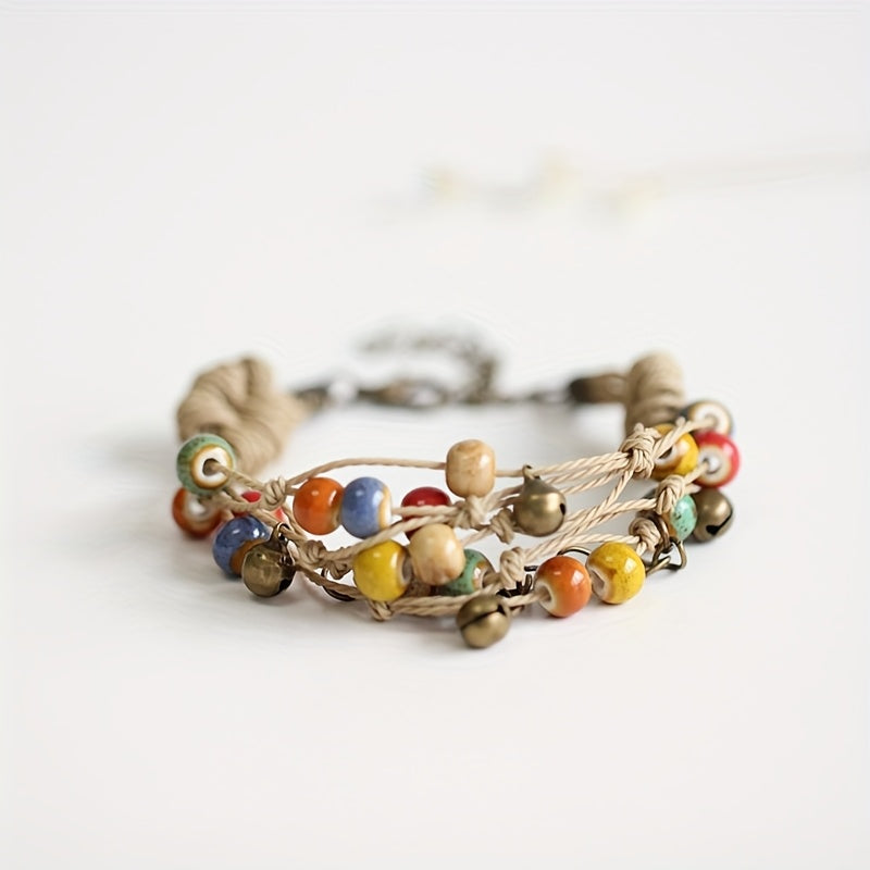 TEMU Boho Chic Multilayered Ceramic Bead Hemp Rope Bracelet, Versatile For Daily & Party Wear, Accessory