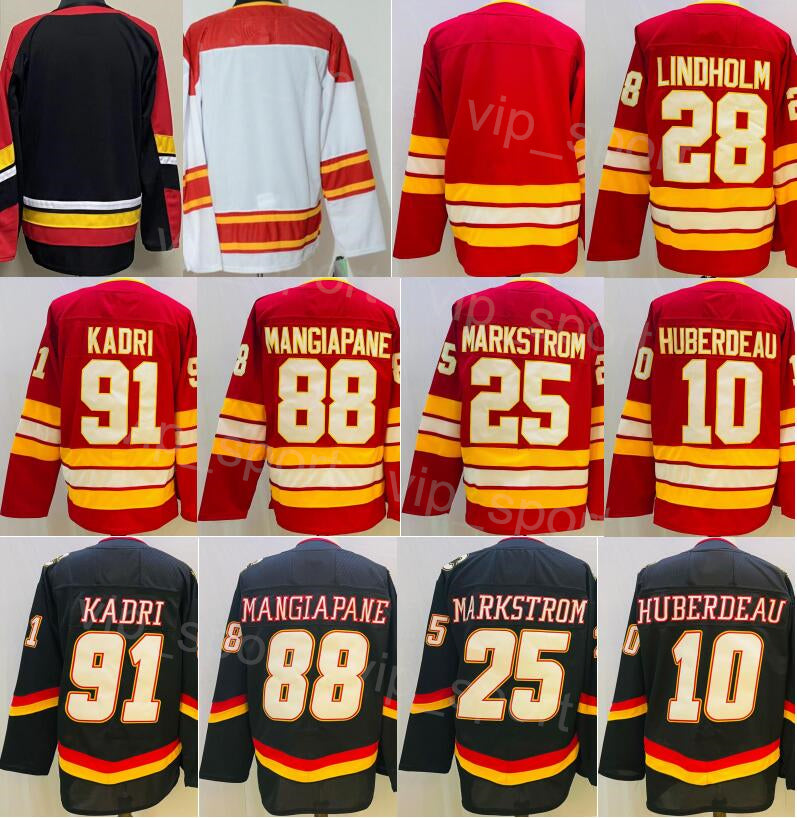 Man Reverse Retro Hockey 91 Nazem Kadri Jersey 25 Jacob Markstrom 28 Elias Lindholm 10 Jonathan Huberdeau 88 Andrew Mangiapane Team Black Red White