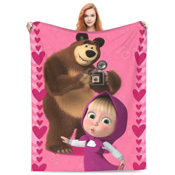 Cartoon M-Masha And Bear Blanket Airplane Travel Flannel Bedding Throws For Outdoor Warm Custom Quality Bedspread GiftXJ241221