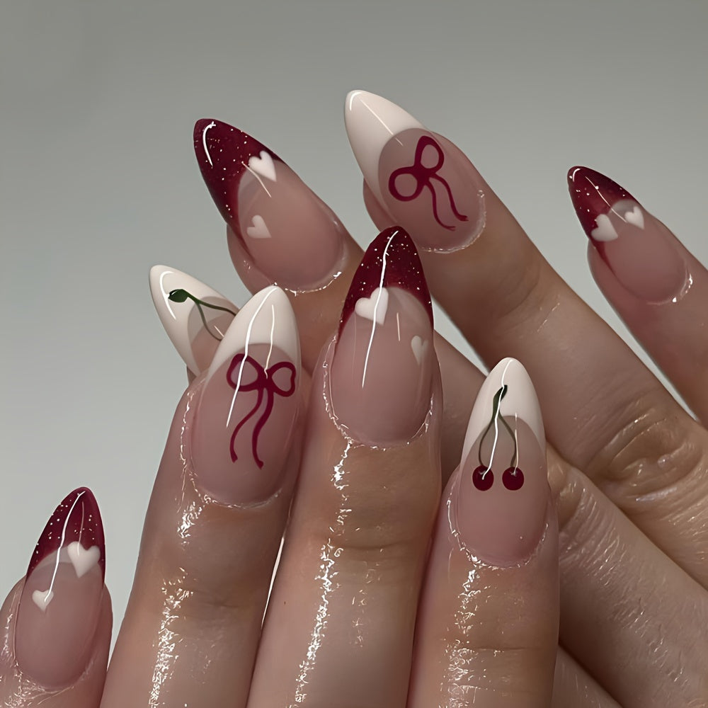 TEMU 24-piece French Style Almond Shaped Medium Length Press-on Nails With Glossy Finish, Mixed Featuring Heart, Cherry, And Bow Patterns