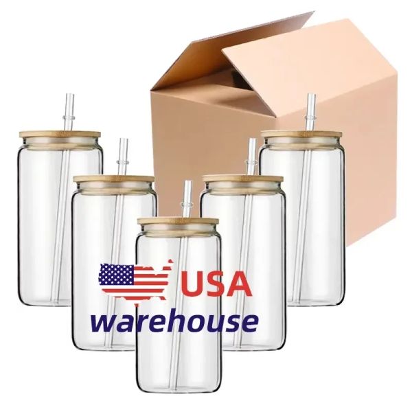 12oz 16oz USA Warehouse Water Bottles DIY Blank Sublimation Can Tumblers Shaped Beer Glass Cups with Bamboo Lid and Straw for Iced Coffee So