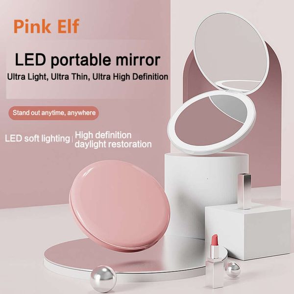 LED light foldable makeup small pocket for women&#039;s luminous effect pink white mini mirror