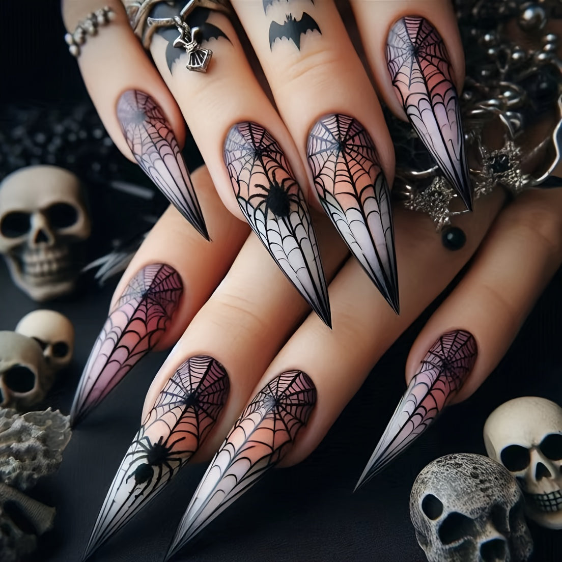 TEMU Women's Halloween Web Gradient Long Nail Extensions - Gothic Halloween Manicure With Webs, Glossy Press-on Nails For Halloween Party, Everyday &