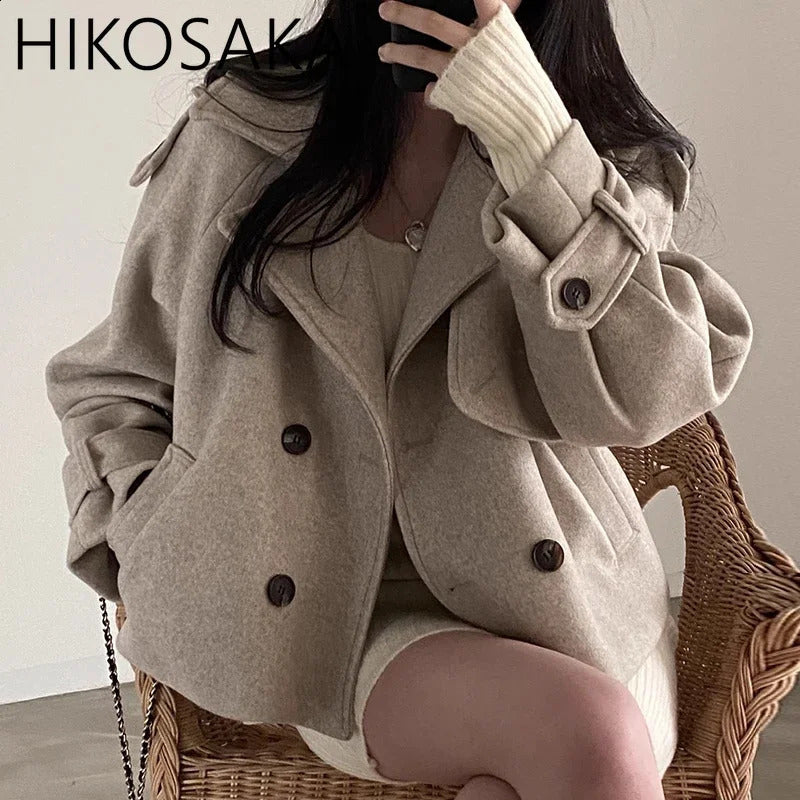 French retro collar wool jacket double chest pockets loose and versatile autumn coat winter chic top 240925