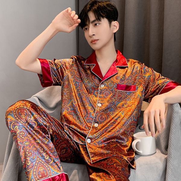 High Quality Pamas Suit Men Summer Ice Silk Short Sleeve Thin Satin Paisley Print Sleepwear Teen Loungewear Male