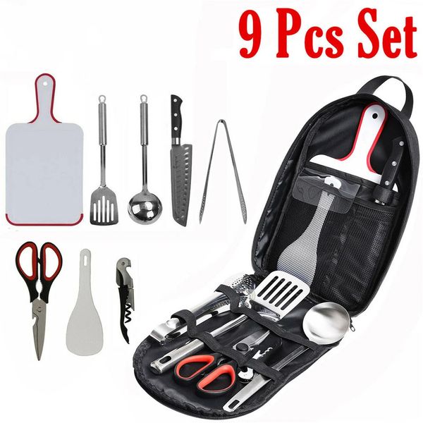 9Pcs Barbecue Set Bbq Accessories Tools Bag Outdoors Camping Professional Nature Hike Grill Cookware Kitchenware Cooking Hiking 240530