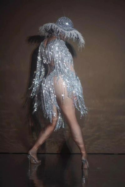 Sparkly Sequin Fringes Bodysuit Hat Performance Costume Women One-piece Dance Wear Singer Stage Leotard Rave Festival Clothing