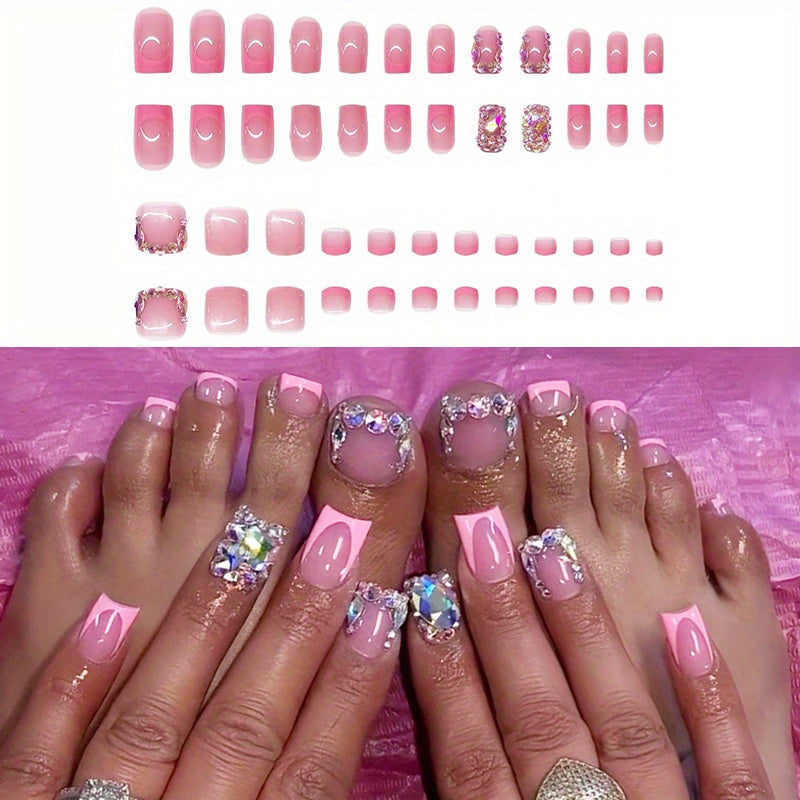 TEMU 48pcs (2 Pack) Y2k -on Nails & Toenails Set - Glossy Square French Tips With Sparkling Rhinestones, Women And