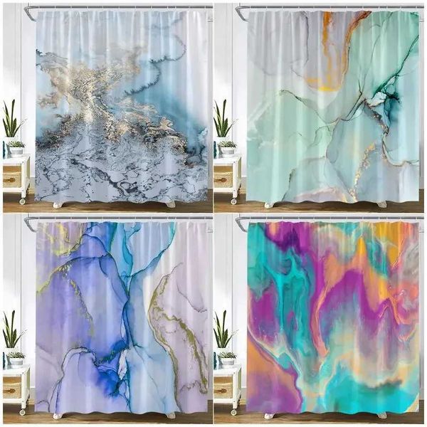 Abstract Marble Shower Curtains Creative Geometric Design Blue Purple Watercolor Print Bath Curtain Modern Fabric Bathroom Decor M240824