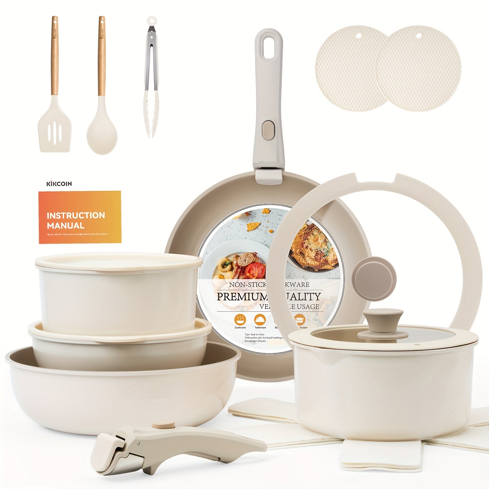 TEMU 22pcs Deluxe Nonstick Cookware Set - Kitchen Essentials With Detachable Handles, Induction Ready, Dishwasher And Oven Safe, Khaki - Perfect For