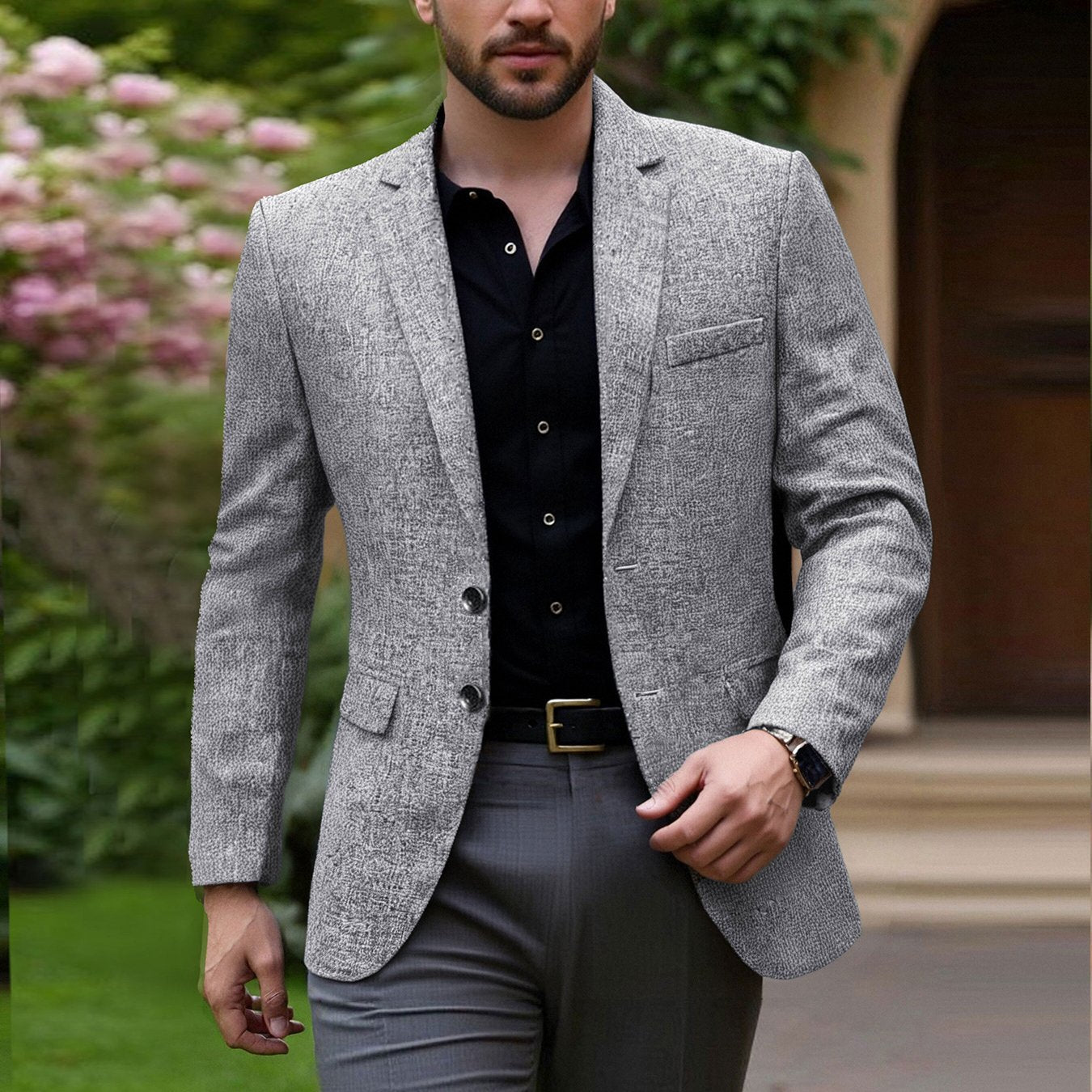 TEMU 2025 Men's Stylish Black Blazer With Textured Pattern - Casual Lapel Collar, Skinny Fit, Business & Professional Attire, Fall & Spring Fashion,