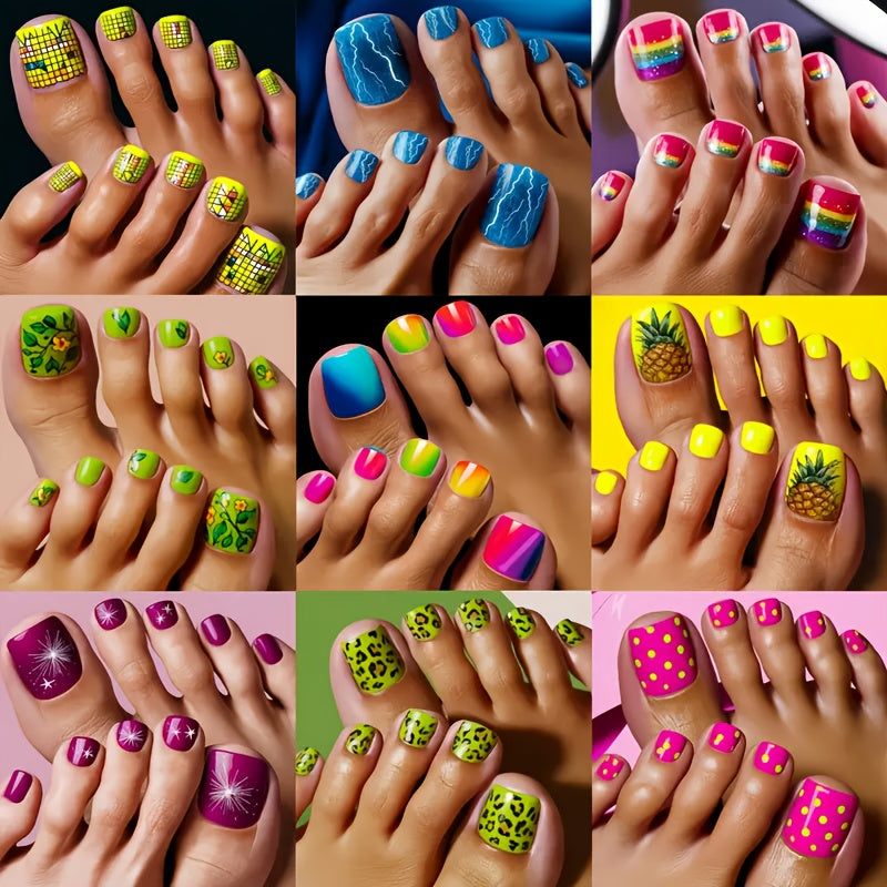 TEMU 216pcs Press-on Toe Nail Kit - Vibrant Mixed Colors, Short Length, Glossy Finish, With Fruits & Color Blocks Design For , Easy Application &