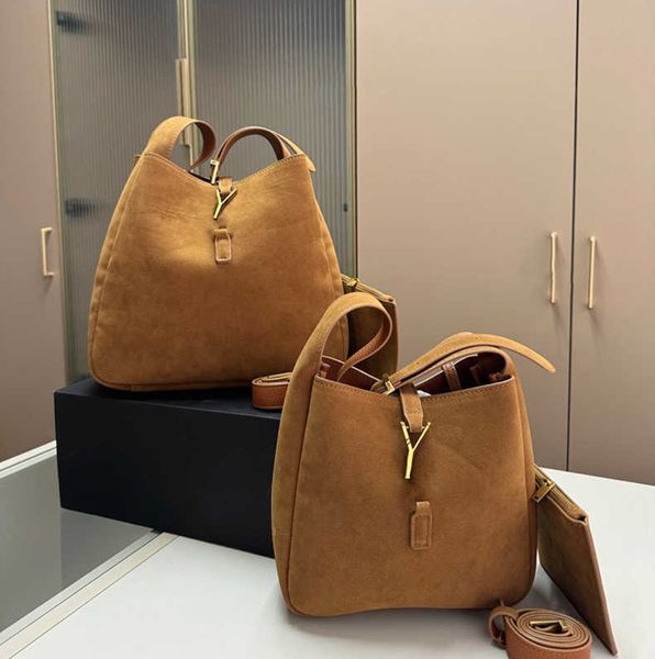 Vintage Suede Bag Designer Bucket 2 Size Women Underarm Shoulder Bags Fashion Lightweight Shopping Handbags With Purse Brown Burgundy 240904